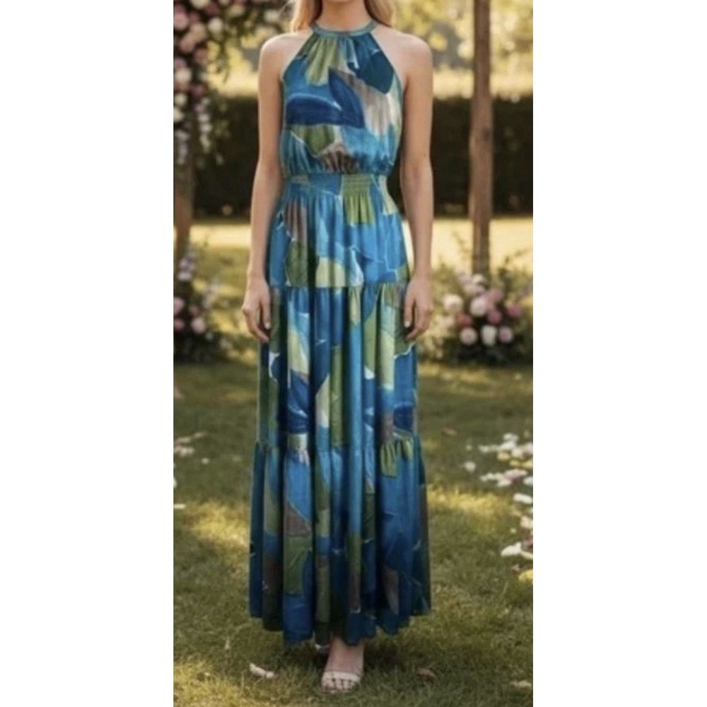 Nicole Miller NWT Halter Sleeveless Abstract Tiered Satin Maxi Dress L Resort